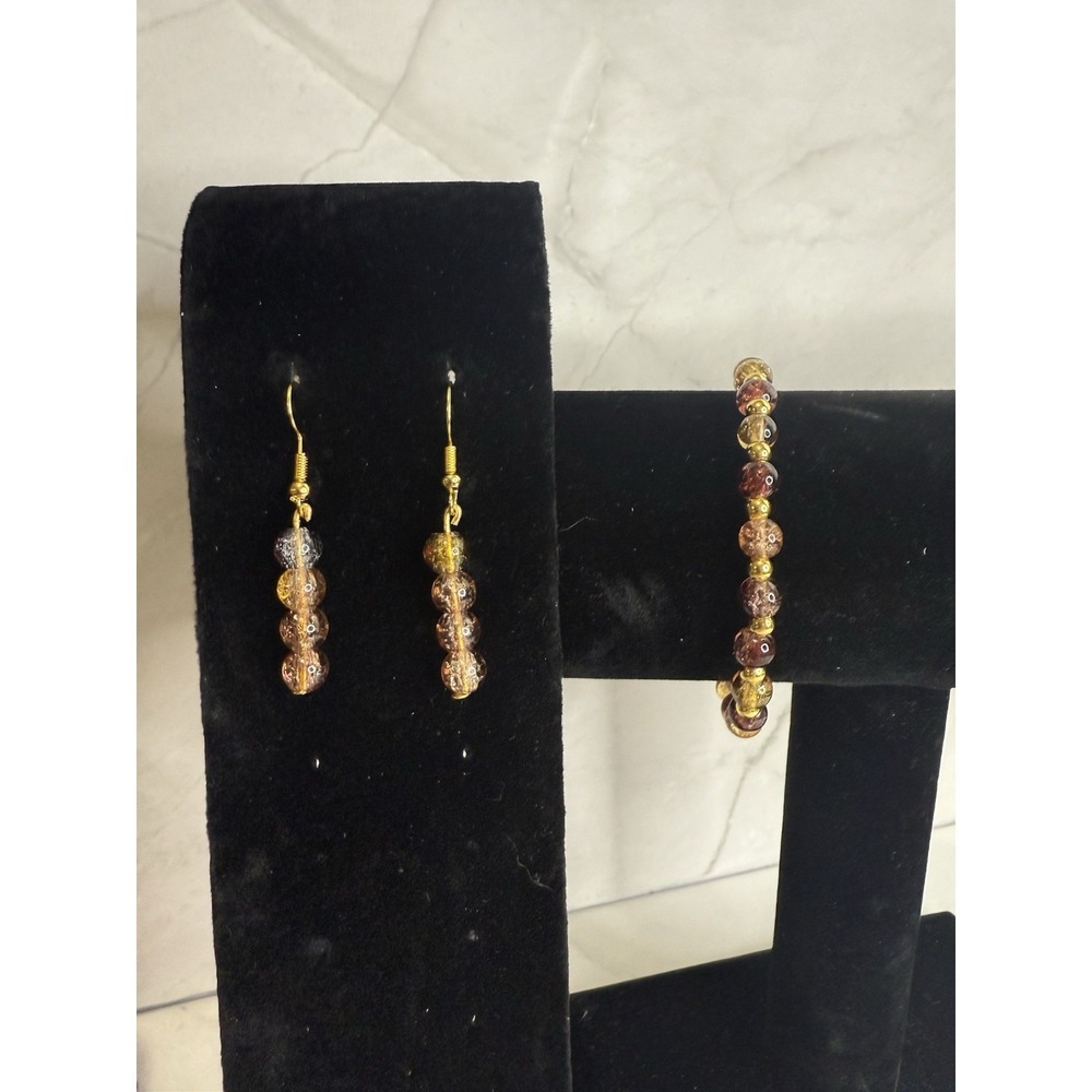 handmade beaded dangle earrings and bracelets set‎ faceted beads & gold tones